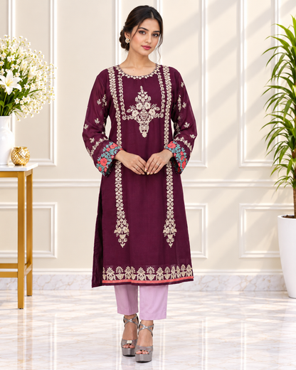 Zahra-E-Noor - Wine Lattice Embroidered Suit