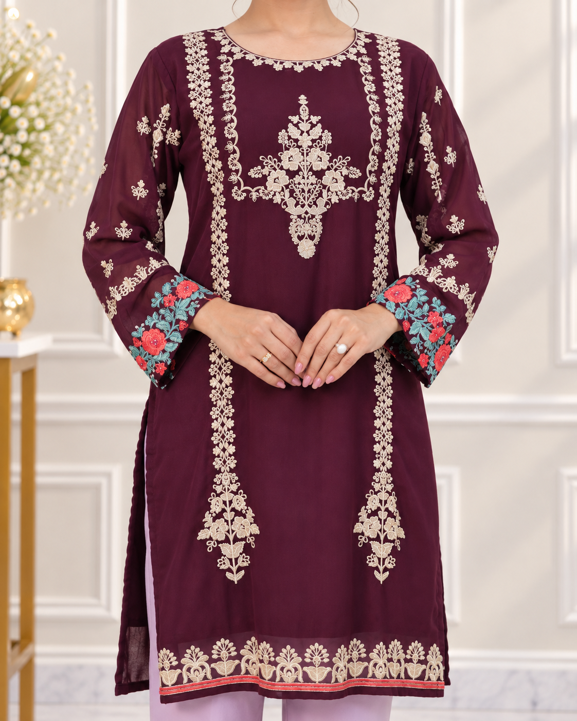 Zahra-E-Noor - Wine Lattice Embroidered Suit