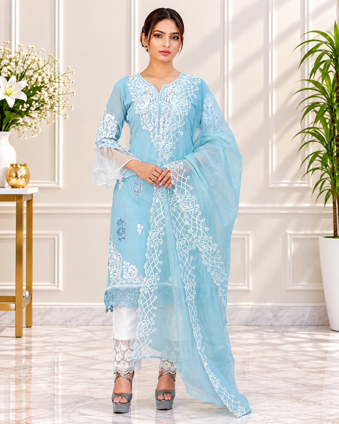 Zahra-E-Noor - Ice Blue Cutwork Lattice Pakistani Suit