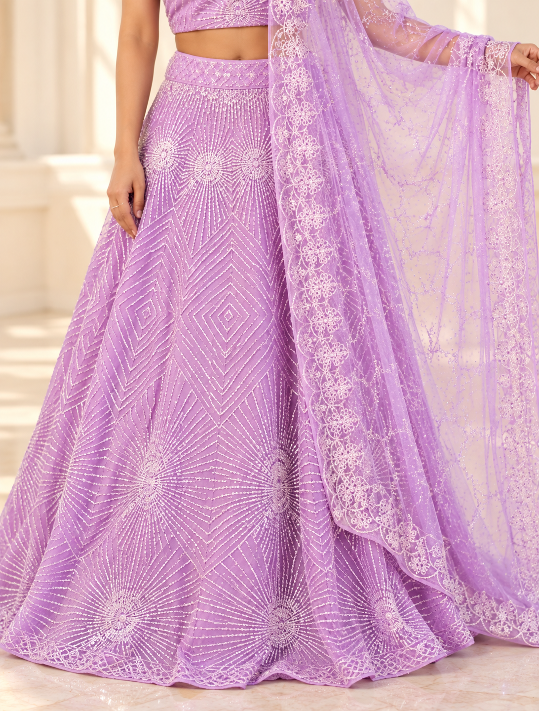 Raqs-e-Noor - Blush Lilac Embroidered Lehenga with Net Dupatta