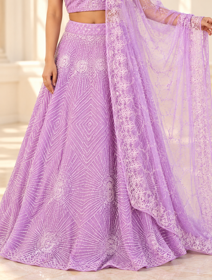 Raqs-e-Noor - Blush Lilac Embroidered Lehenga with Net Dupatta