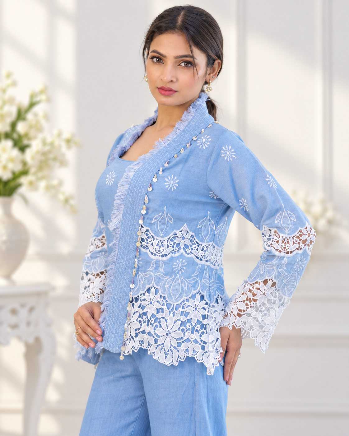Meher-e-Noor - Embroidered Indo-Western Set with Lace Jacket