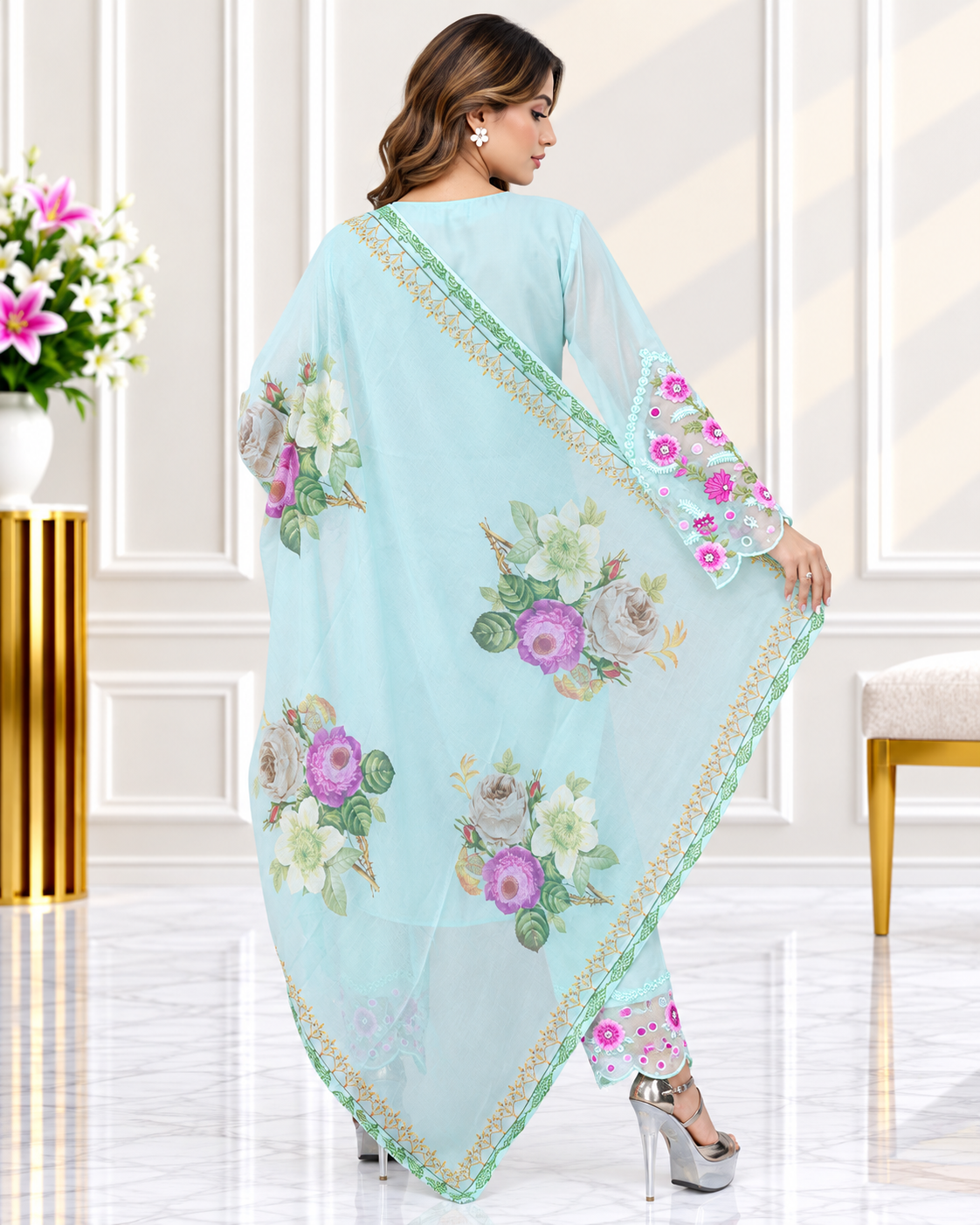 Zahra - e- Noor Embroidered Pakistani Kurta Set with Organza Dupatta