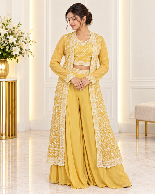Noor-e-Mehfil -  3 Piece Crop Top with Shrug Sharara Suit