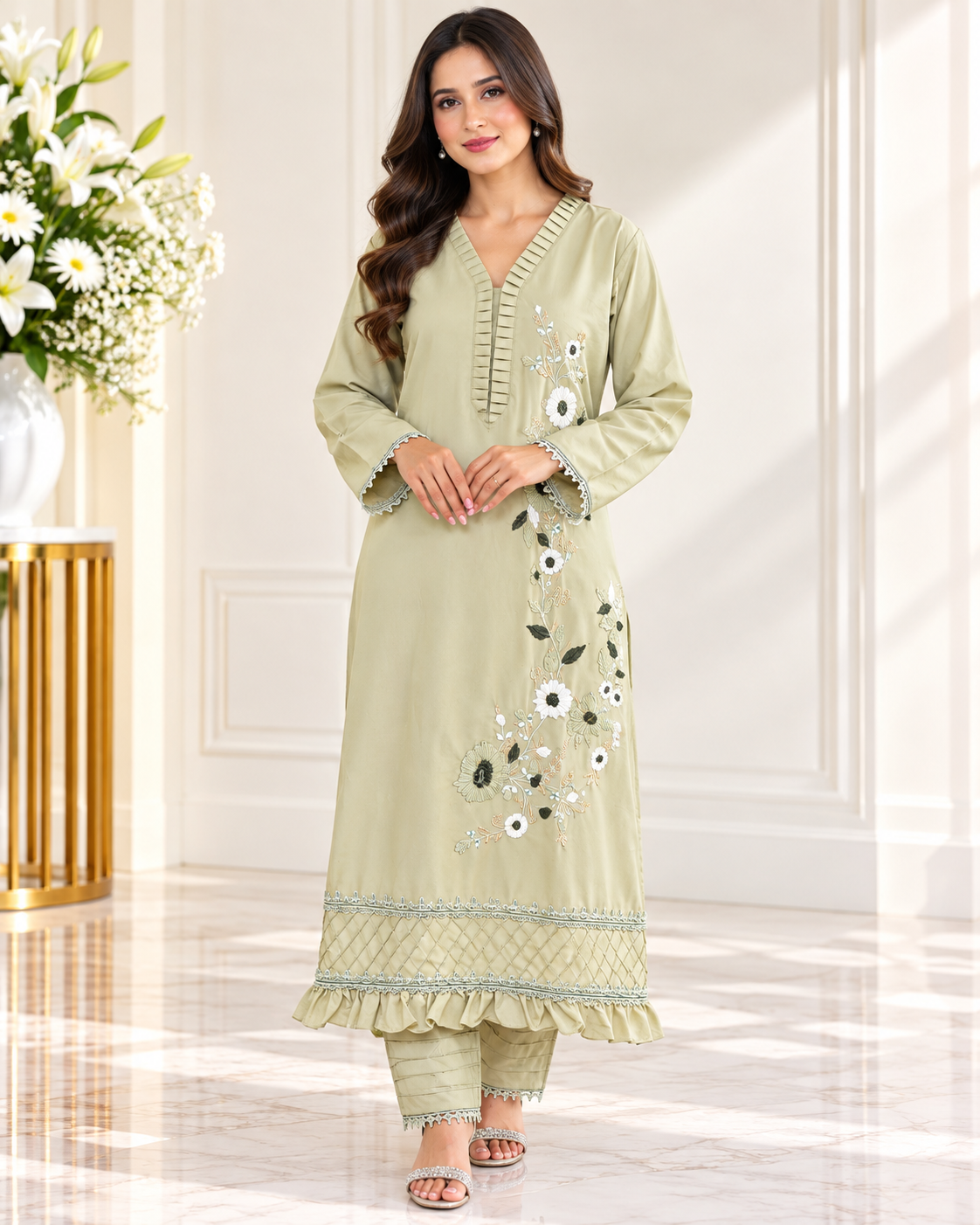 Zahra-E-Noor : Floral Embroidered Suit with Pintuck Detailing