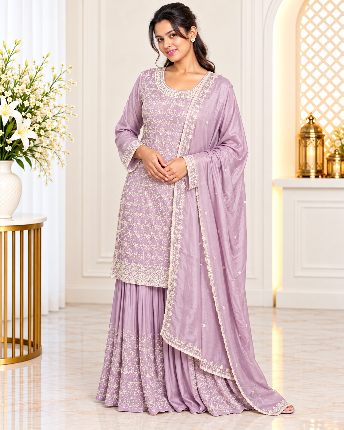 Noor-e-Mehfil - Satin Swirl Embroidered Sharara Suit