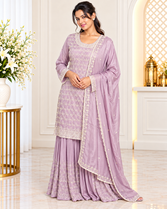 Noor-e-Mehfil - Satin Swirl Embroidered Sharara Suit