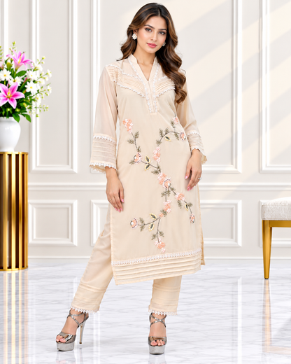 Zahra-E-Noor - Flower Embroided Collar Neck Siot
