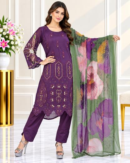 Zahra -e- Noor : Gold Embroidered Suit with Watercolor Dupatta