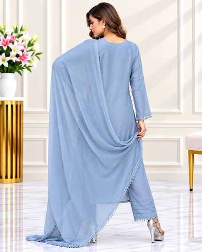 Zahra-E-Noor : Floral Embroidered Suit with Pintuck Detailing