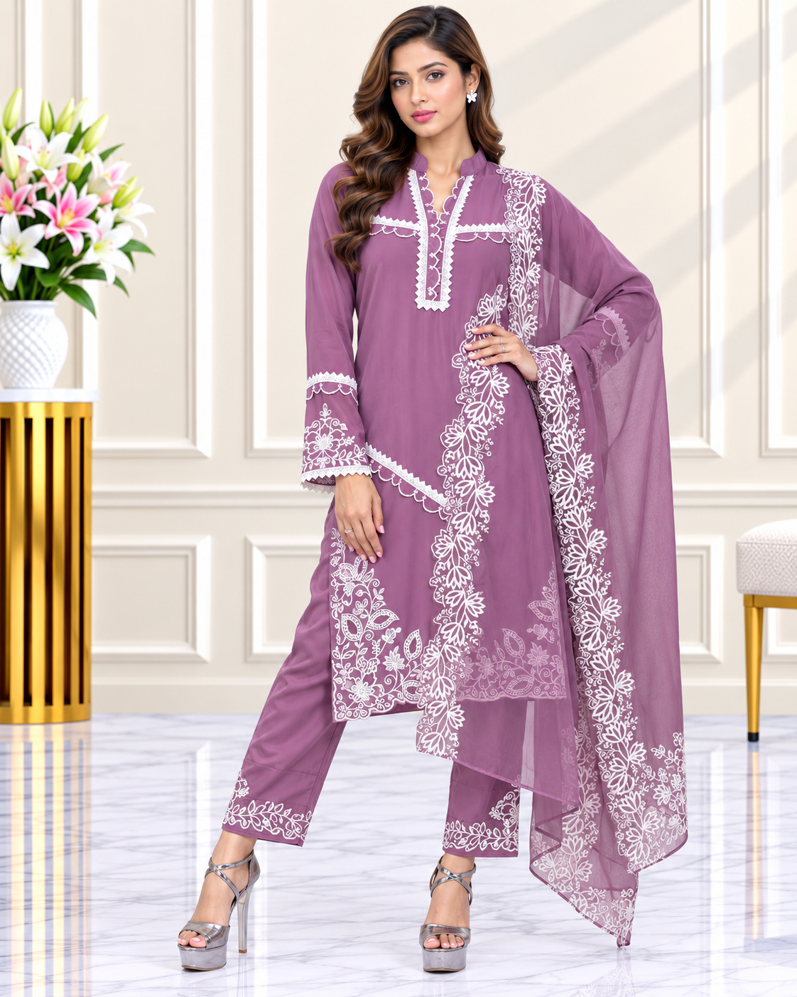 Zahra-E-Noor : Embroidered Pakistani Suit with Ruffled Cuffs