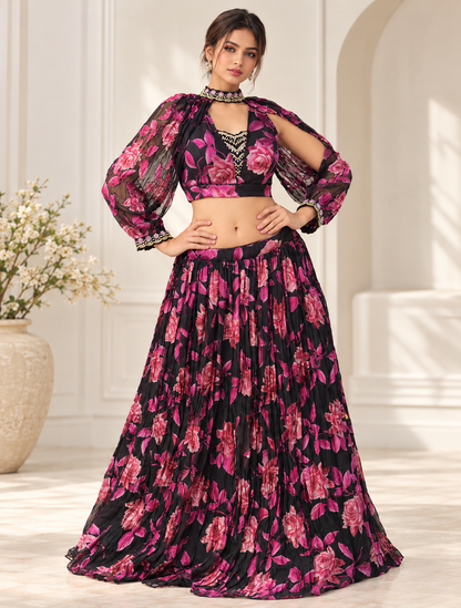 Raqs-e-Noor - Floral Printed Lehenga Set with Cape Sleeves