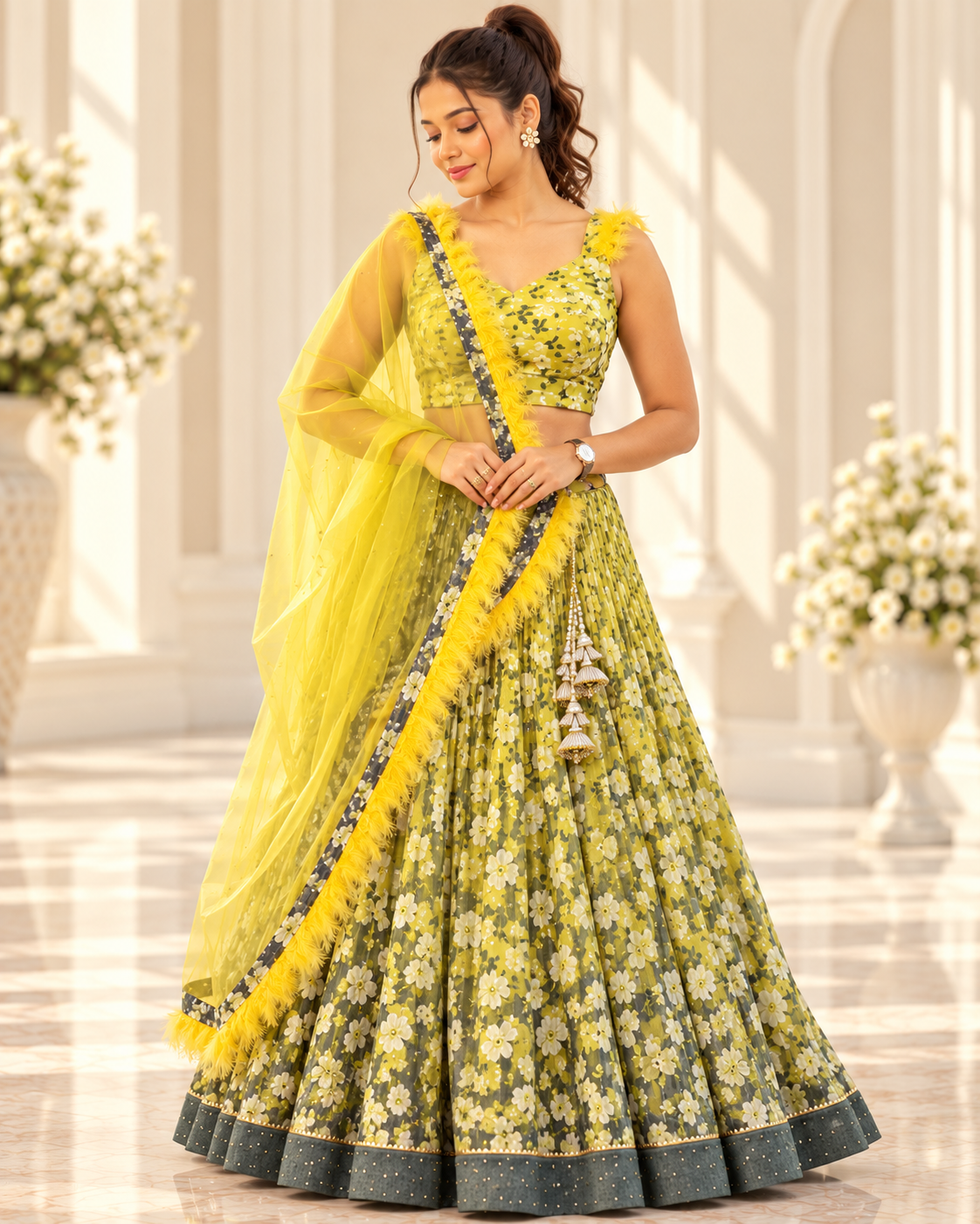 Raqs-e-Noor - Olive Green Floral Printed Lehenga