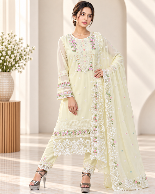 Zahra-E-Noor - Pale Yellow Embroidered Suit with Lace Dupatta