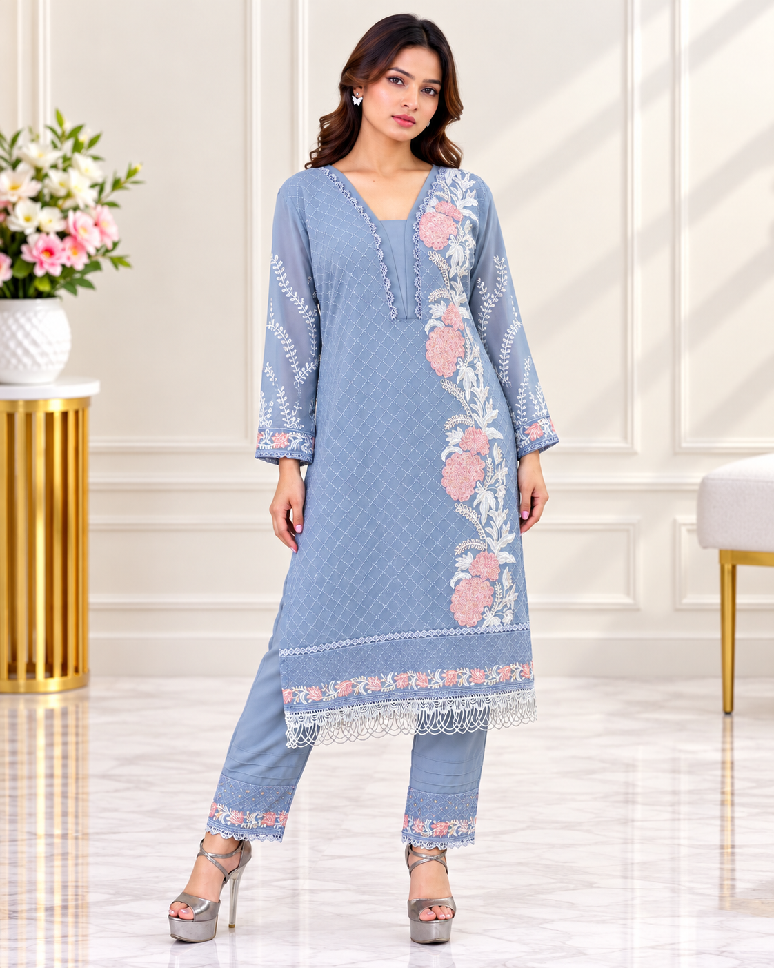 Zahra-E-Noor : Floral Embroidered Pakistani Suit Set with Dupatta