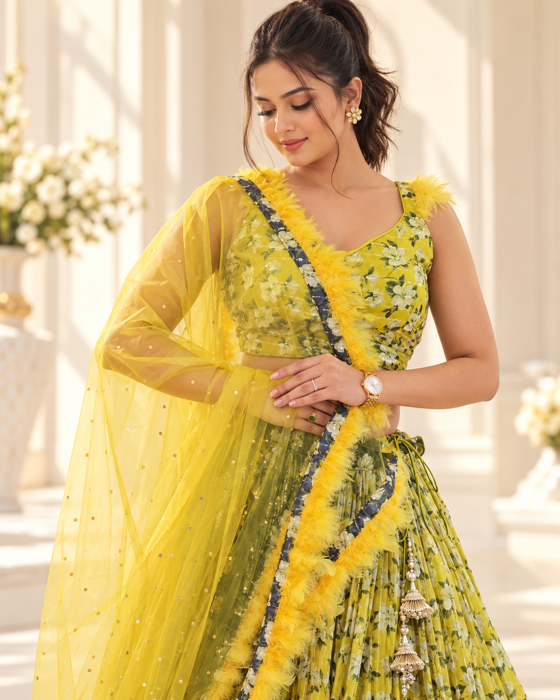 Raqs-e-Noor - Olive Green Floral Printed Lehenga
