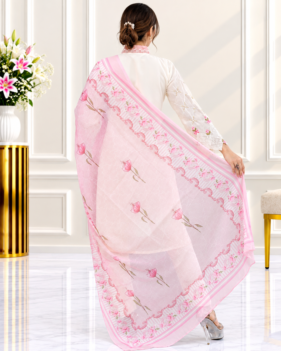 Zahra-E-Noor : Ivory Bloom Embroidered Suit with Floral Dupatta