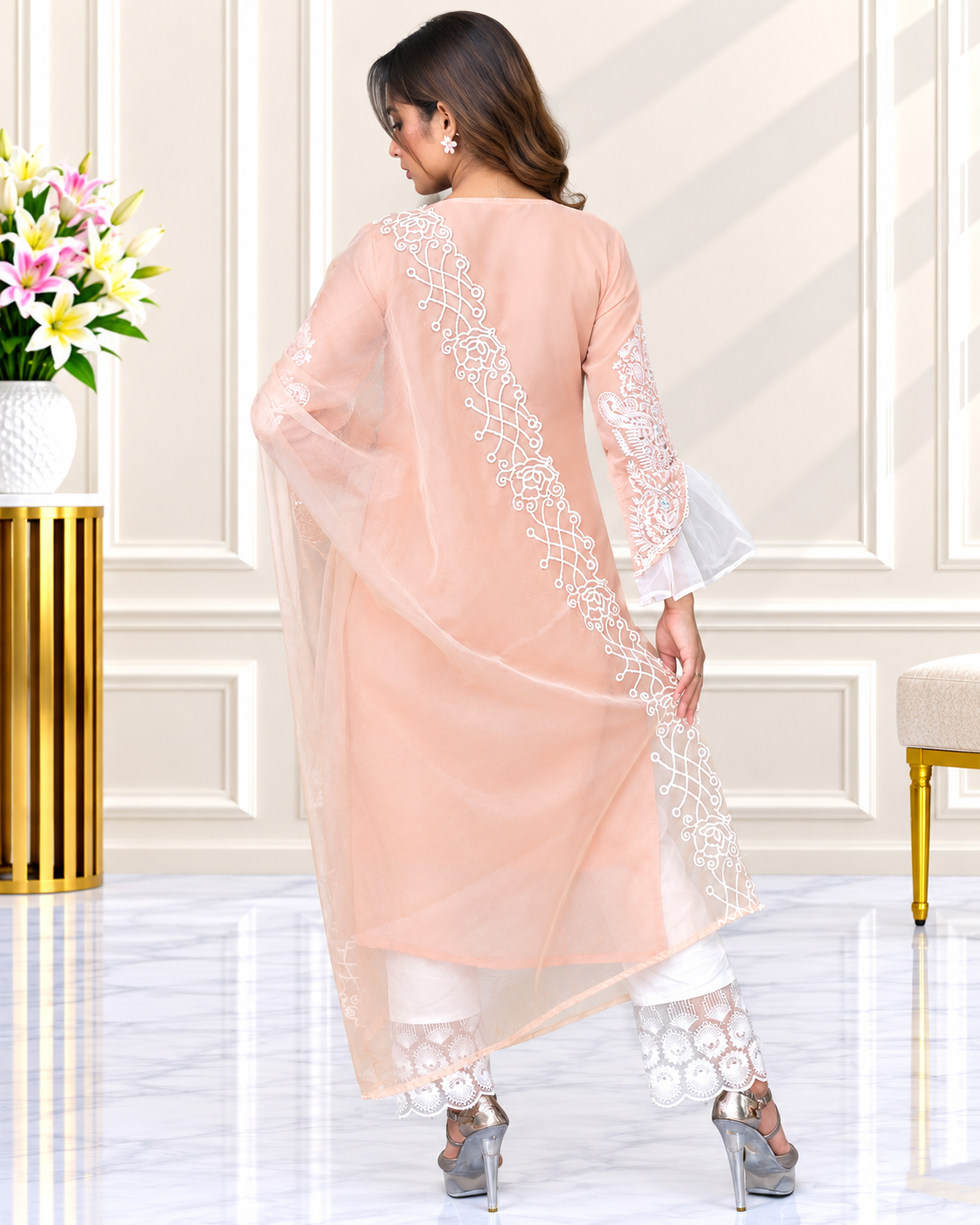 Zahra-E-Noor : Peach Blossom Embroidered Bell-Sleeve Suit