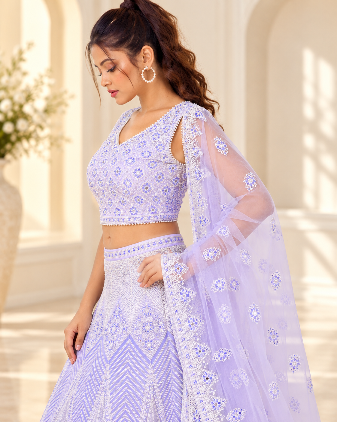 Raqs-e-Noor - Styled Pearl Embroidered Lehenga Set with Net Dupatta