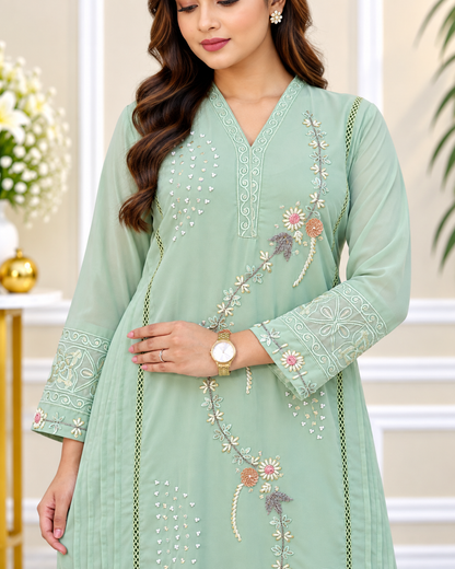 Zahra-E-Noor - Sage Green Suit with Floral Watercolor Dupatta