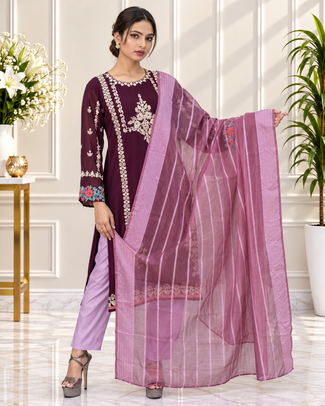 Zahra-E-Noor - Wine Lattice Embroidered Suit