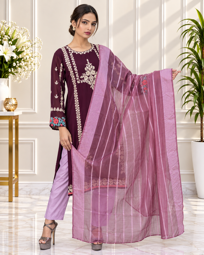 Zahra-E-Noor - Wine Lattice Embroidered Suit