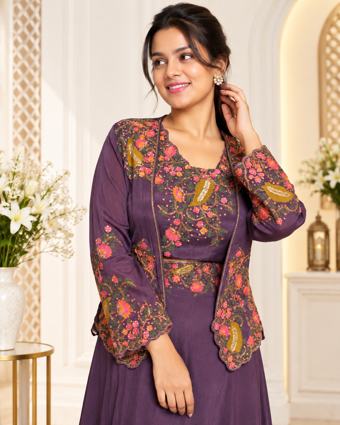 Meher-e-Noor - Floral Embroidery Jacket with Skirt