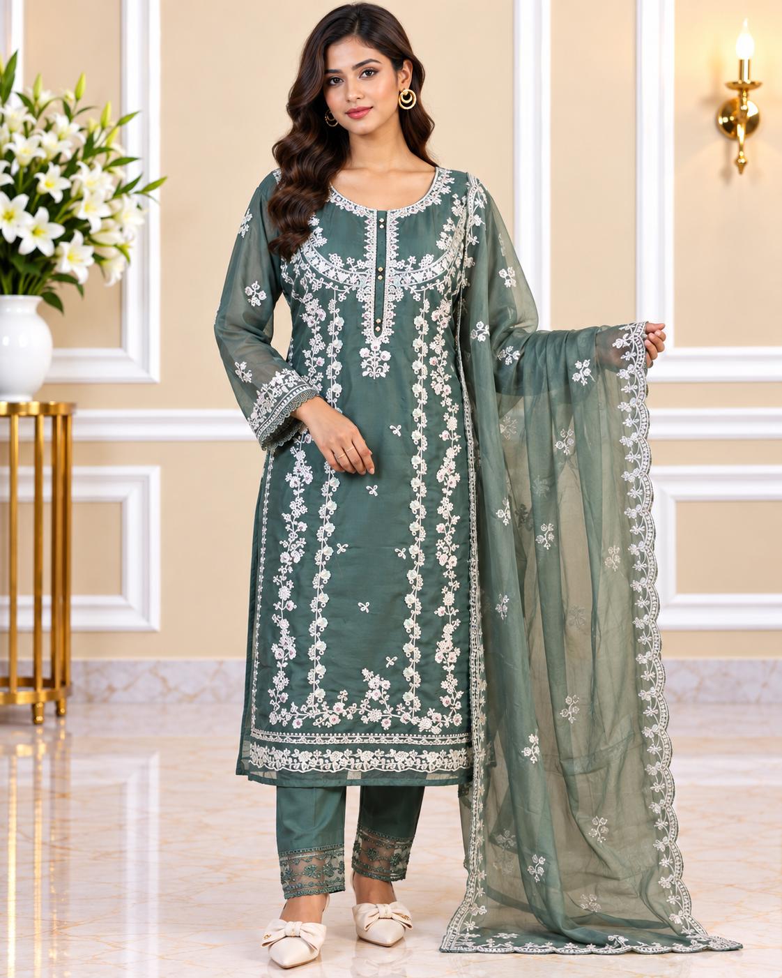 Zahra-E-Noor - Silver Embroidered Suit with Printed Dupatta