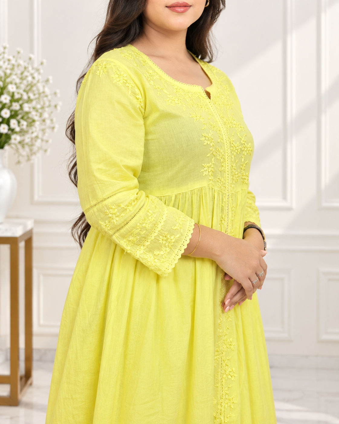 Noor-e-Lucknow - Lime Flowy Embroidered Chikankari Anarkali Set