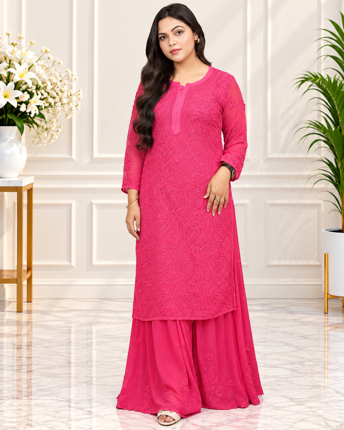 Noor-e-Lucknow - Fuchsia Pink Chikankari Sharara Set