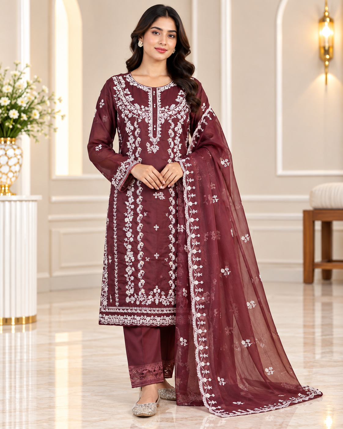 Zahra-E-Noor - Silver Embroidered Suit with Printed Dupatta