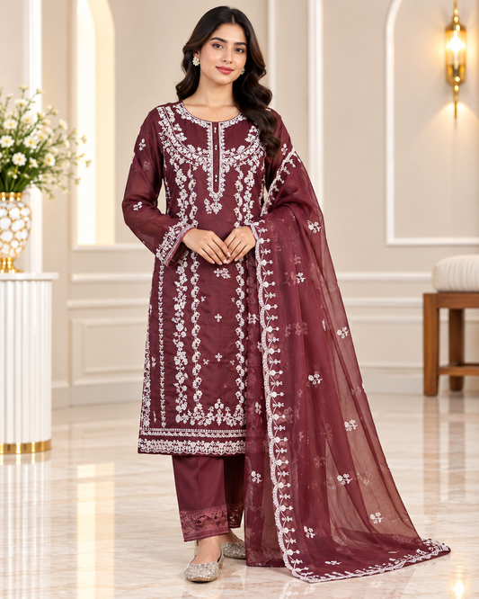 Zahra-E-Noor - Silver Embroidered Suit with Printed Dupatta