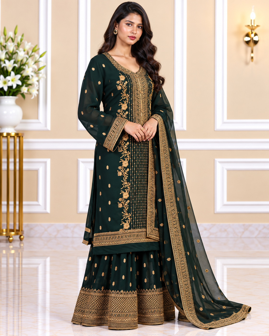 Noor-e-Mehfil - Green & Gold Threadwork Sharara Suit
