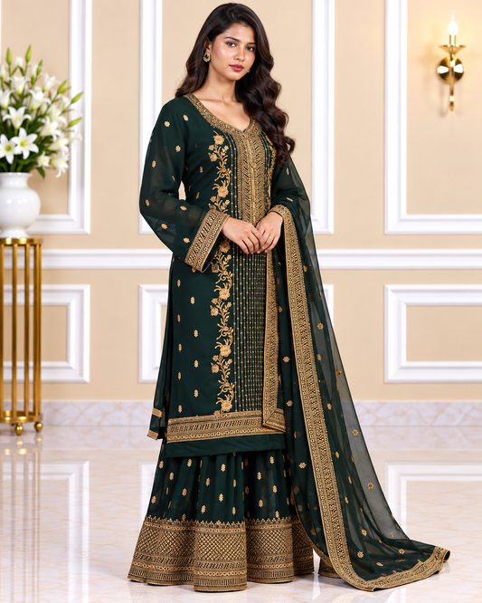 Noor-e-Mehfil - Green & Gold Threadwork Sharara Suit