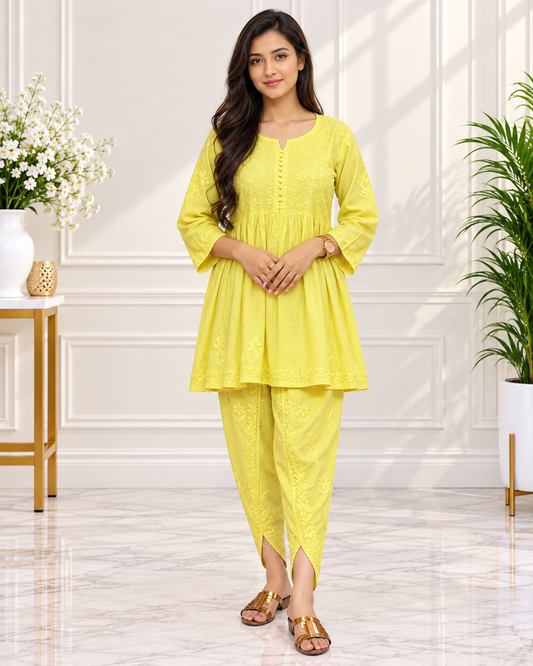 Noor-e-Lucknow - Embroidered Peplum Kurta & Tulip Pant Set