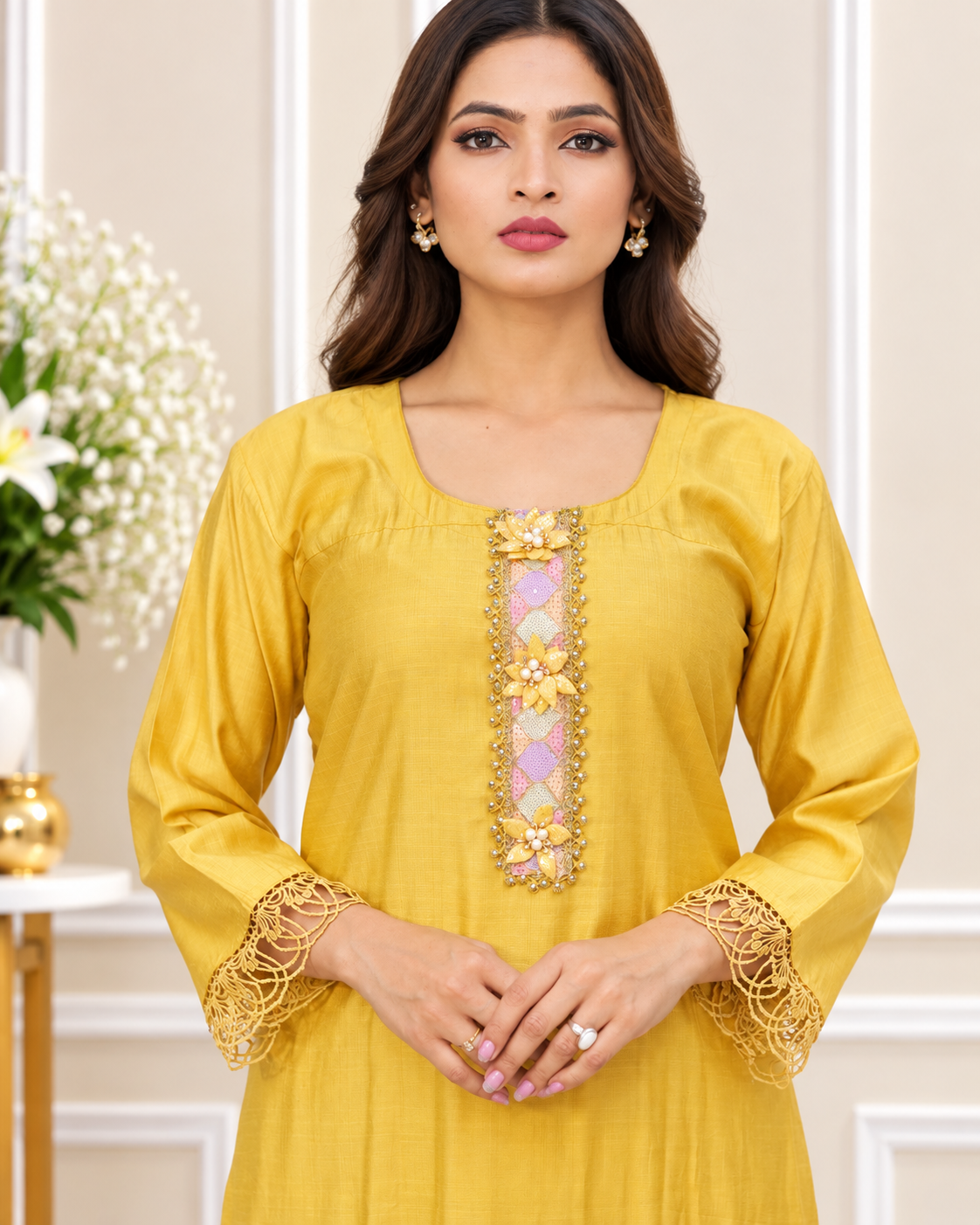 Zahra-E-Noor - Mustard Patchwork Embroidered Suit