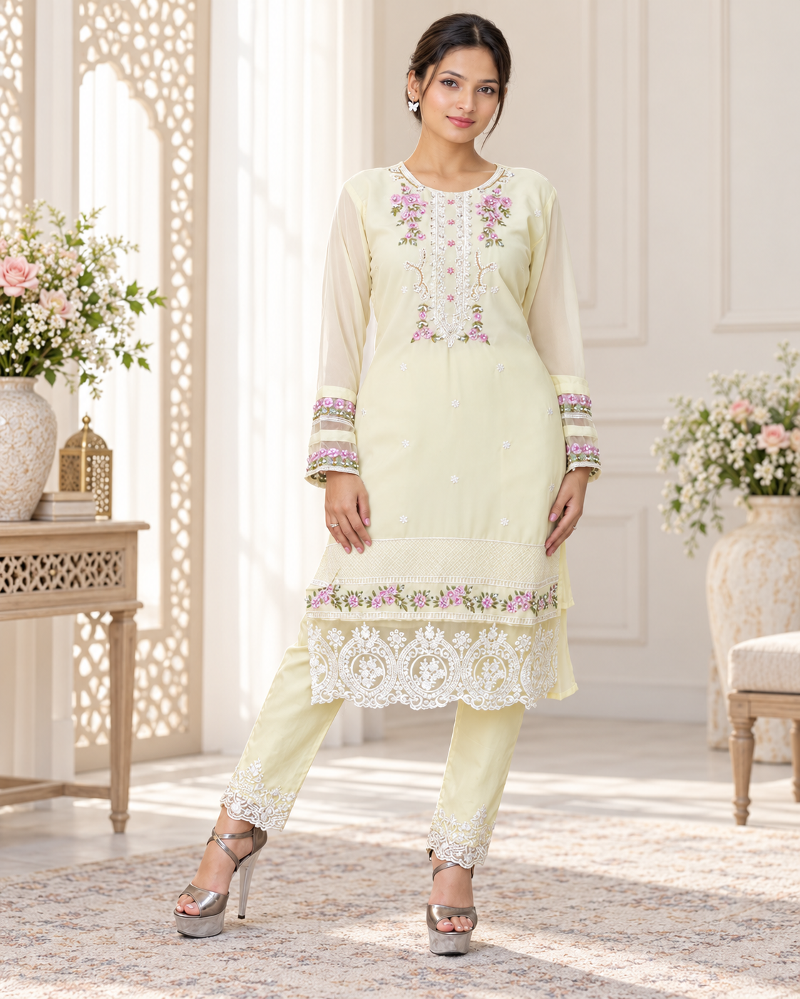 Zahra-E-Noor - Pale Yellow Embroidered Suit with Lace Dupatta