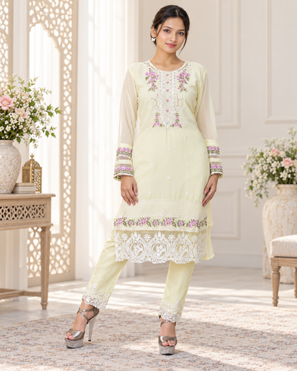 Zahra-E-Noor - Pale Yellow Embroidered Suit with Lace Dupatta