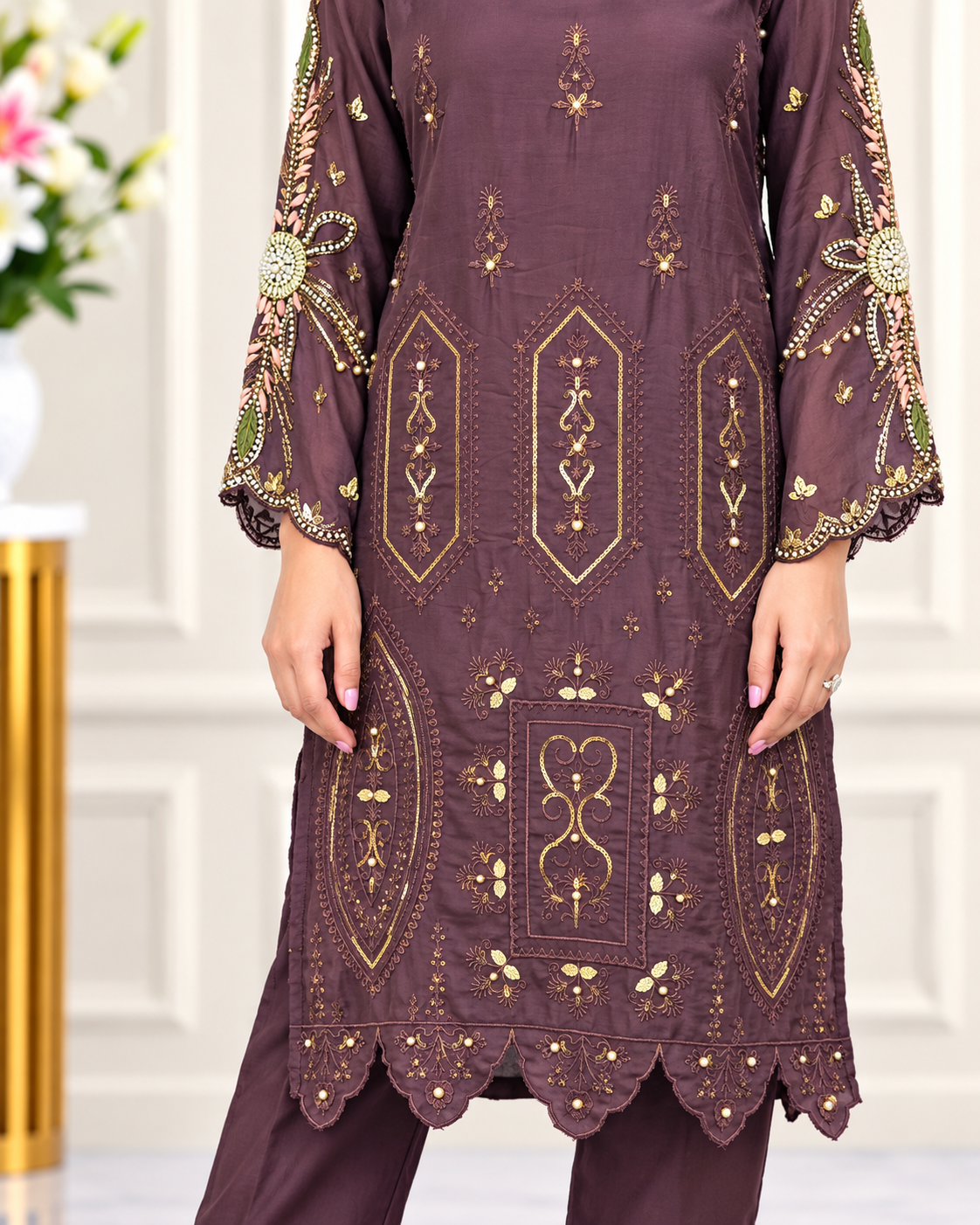 Zahra -e- Noor : Gold Embroidered Suit with Watercolor Dupatta