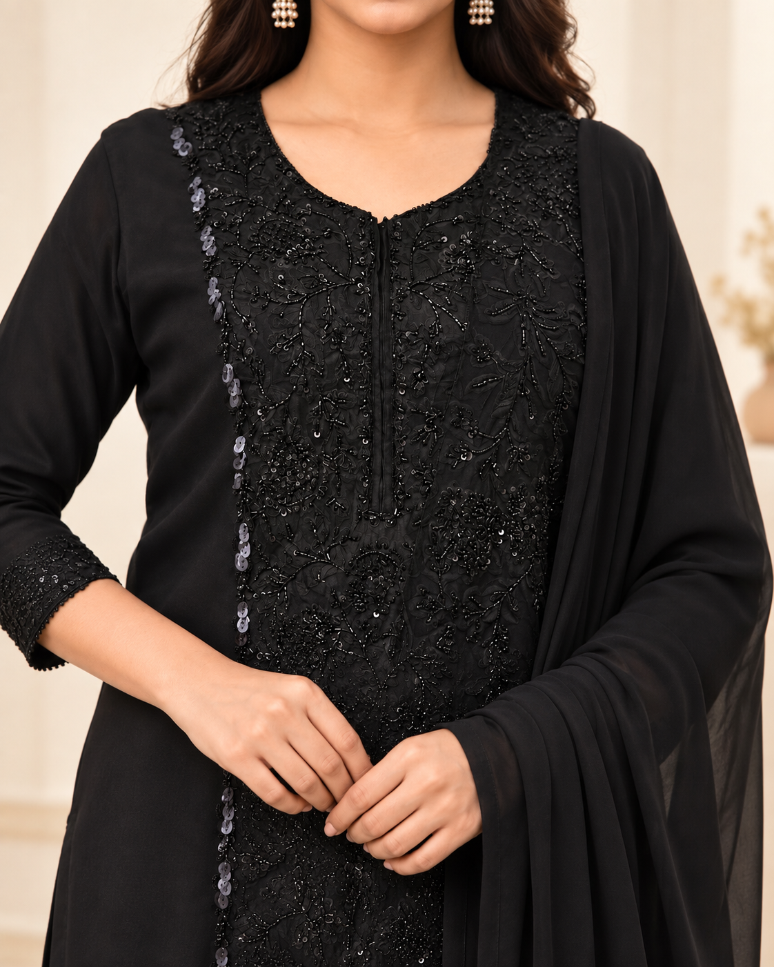 Zahra-E-Noor : Black Pearl Embroidered Suit Set with Dupatta