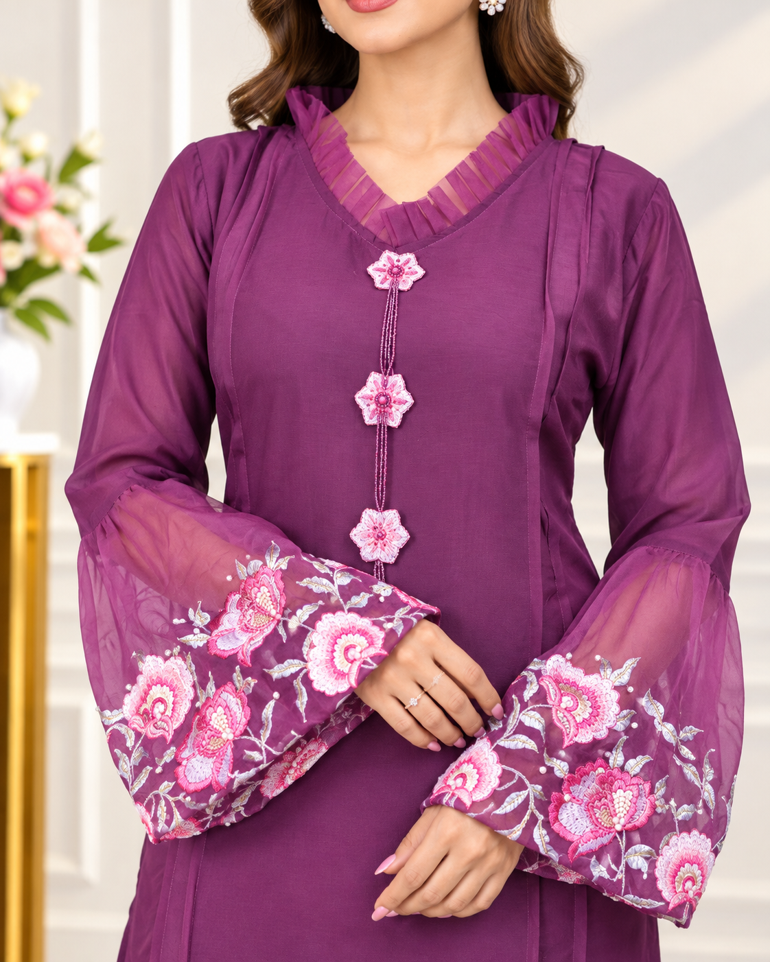Zahra -E-Noor : Magenta Rose Bloom Suit with Floral Print Dupatta
