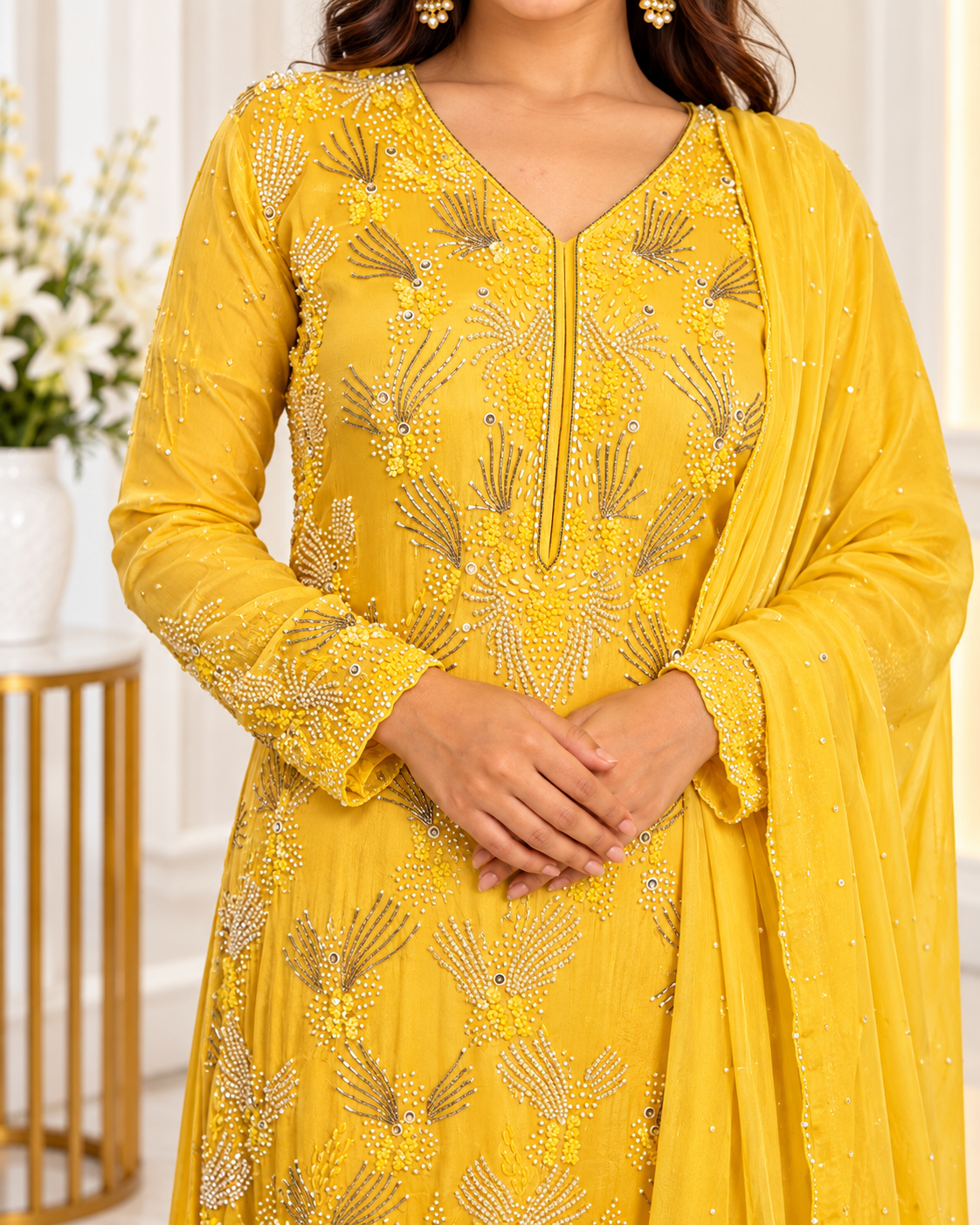 Noor-e-Mehfil - Yellow Feather Embroidered Sharara Suit