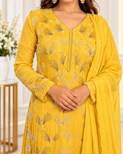 Noor-e-Mehfil - Yellow Feather Embroidered Sharara Suit