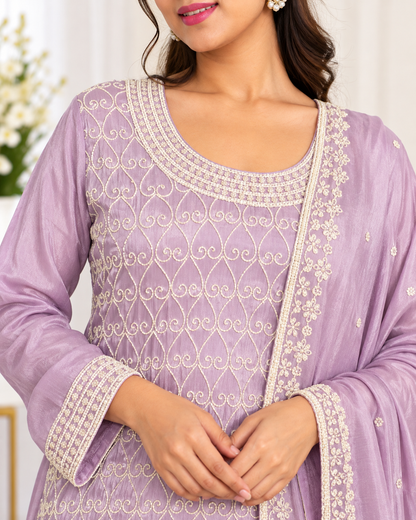 Noor-e-Mehfil - Satin Swirl Embroidered Sharara Suit