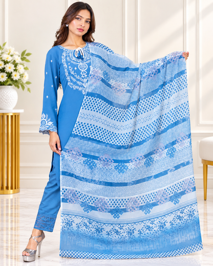Zahra-E-Noor : Threadwork Embroidered 3-Piece Suit