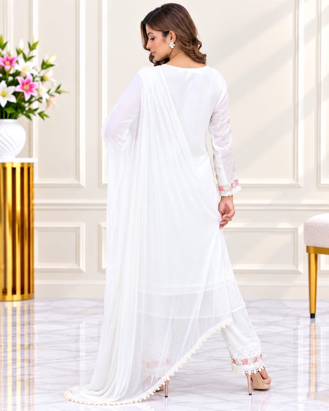 Zahra-E-Noor : Ivory Rose Embroidered Suit with Pearl Detailing