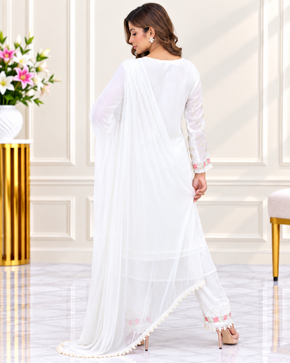Zahra-E-Noor : Ivory Rose Embroidered Suit with Pearl Detailing