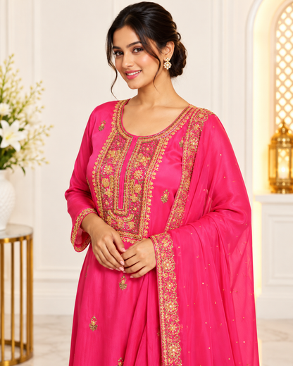 Noor-e-Mehfil - Fuchsia Pink Embroidered Sharara Suit