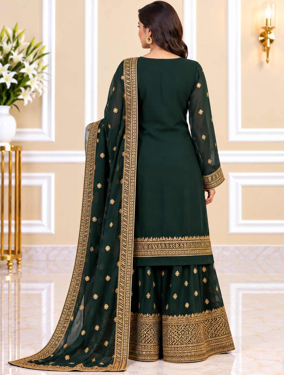 Noor-e-Mehfil - Green & Gold Threadwork Sharara Suit