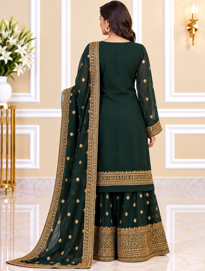 Noor-e-Mehfil - Green & Gold Threadwork Sharara Suit